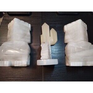 Carved Marble Mayan Tiki Inca Stone Bookends 9" Tall & Cactus Beige Cream  Heavy